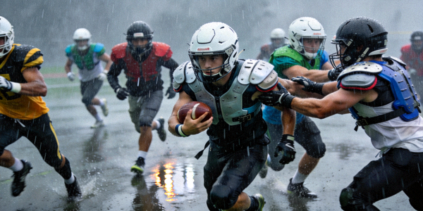 美式橄榄球运动员在雨中比赛